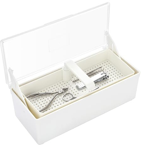 JUXYES Plastic Sterilizing Tray for Nail Art Accessories Tools, Portable Nail Art Tool Sterilizer Tray with Strainer, Storage Box Tool Box for Tweezer Manicure Tools Pedicure Tool