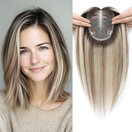 Lasunork Topper per capelli umani da donna, Capelli veri 40g, Base in pizzo migliorata, 30,5 cm (Castano chiaro sfumato con riflessi biondi, 30,5 cm)