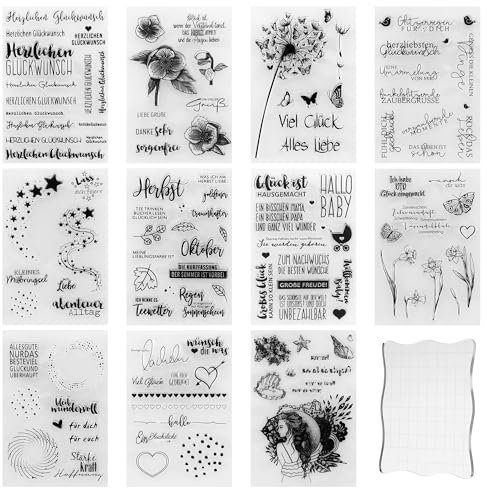 11 Bögen Silikonstempel,Enthält 1 Acrylplatte clear stamps, Vielzahl von Mustern silikon stempelset,silikon stempel,Geeignet für DIY Hochzeitseinladung Tagebuch，Osterdekorationen(11 Stile)