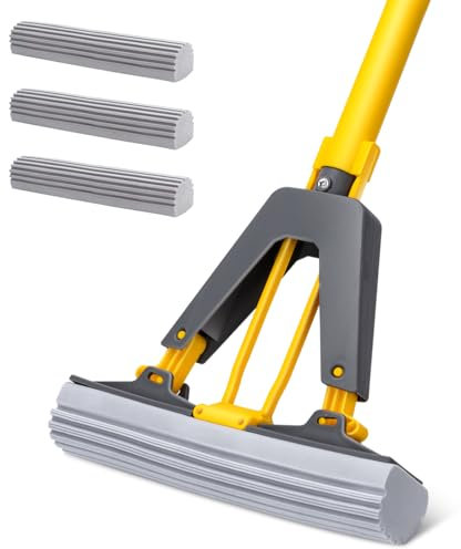 MASTERTOP Fregona de Esponja PVA, Mopa Fregona para Limpieza del Suelo con Mango de 130 cm,Trapeador Exprimible Absorbente con 3 Cabezas de Esponja