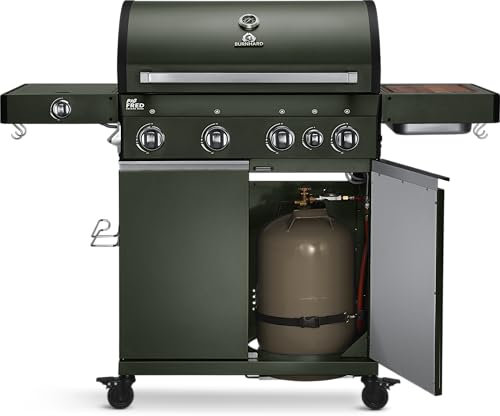 BURNHARD® 4-Brenner Gasgrill Big FRED GREEN inkl. Backburner 900°C Infrarot-Keramikbrenner Seitenkochfeld Edelstahl-Grillrost Grillabdeckung Grillwagen + klappbare Seitentische