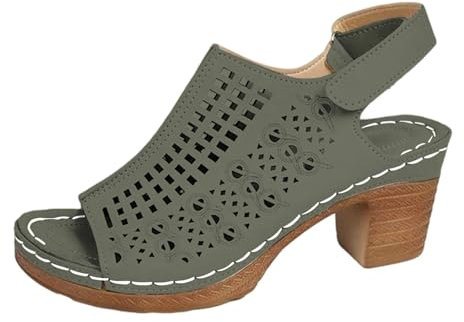 Allbestop Escarpins Talons Ouverts Femme, Sandalette Femme Bottine Talon Escarpins Talon Carré Confortable Nu Pieds T-Strap Élastique Sandales Plates d'Été Dentelle Fleur Bottes à(Vert armée,41)
