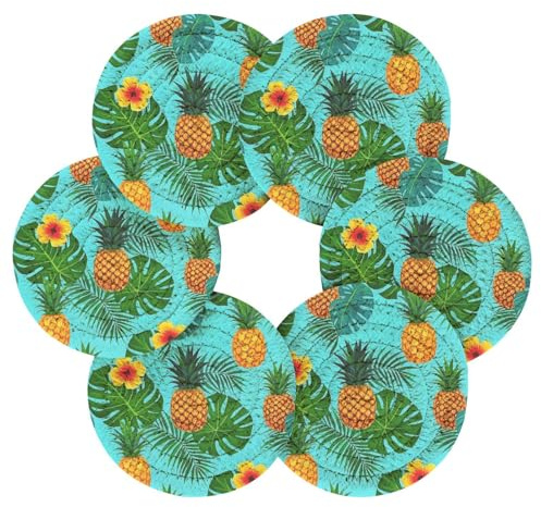 Summer Pineapple Palm Flower Blue Decorative Drink Coasters Set Coffeable Coasters House Bar Accessories Housewarming Gift Set with Holder 6 Pack