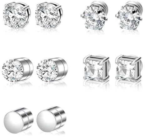 CEJAS 5 Paia Orecchini Magnetici, Senza Piercing, Non Perforanti, Orecchini Donna, Orecchini Finti Uomo, Uomo Magnetici, Uomo Calamita, Magneti, Orecchini 6 Mm (Rotondi/Quadrati) (Argento)