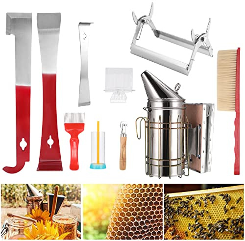 10 Pcs Beekeeping Tool Kit, BeeKeeper Equipment Beehive with Bee Smoker Bee Brush Hive Tool Queen Catcher and More Beekeeping Supplies for Beginners