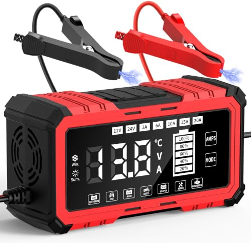 Caricabatterie da auto da 20 A, 12 V/24 V, Smart completamente automatico, con compensazione della temperatura, caricatore intelligente per auto, moto, camion, tosaerba, tosaerba o barca (20A)