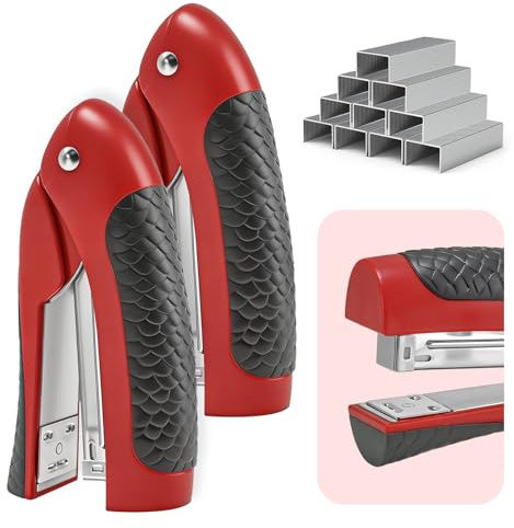 2-Pack Stand-Up Stapler with 2000 Standard 1/4 Staples, Handheld Ergonomic Soft Grip Vertical Flat-Use Desktop Small Compact Stapler for Office, Home, School, Business & Classroom Supplies – Red