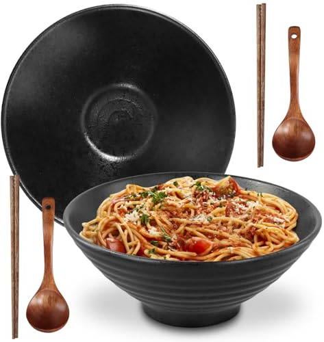 Mapille ramen skålset, 2 personer keramiska soppskålar 1 000 ml med ätpinnar och sked, japansk pastaskål, diskmaskin, mikrovågsugnar och ugnssäker för soppa, Pho sallad, presentidé