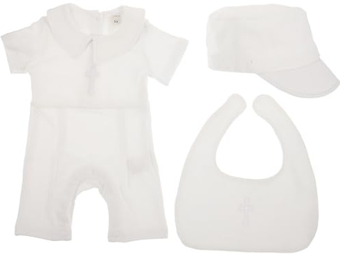 OUNONA 1 set dopdräkt för pojke - vit kortärmad jumpsuit för dopceremoni - set med formella kläder för nyfödda, haklapp och mössa, storlek 59 cm