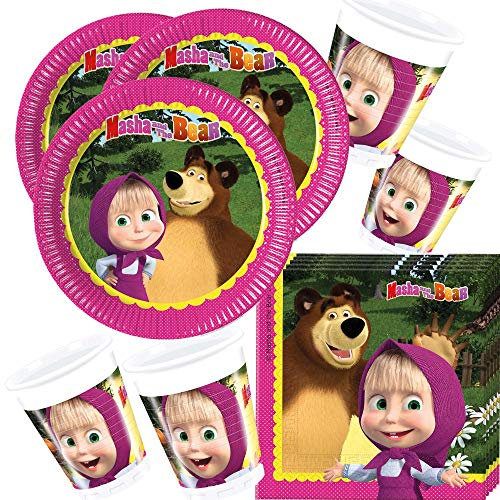 Procos Procos 52-teiliges Partyset Mascha und der Bär – Tellerbecherservietten für 16 Kinder