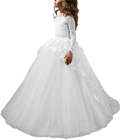 Abaowedding Lovely Flower Girl Dress Lace Long Sleeves Prom Gown White,Size 4