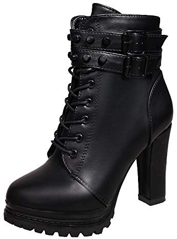 Logobeing Zapatos de Tacón Alto Botas Mujer Invierno Martain Boot Zapatos con Cordones de Cuero Botines Mujer Tacon Plataforma Zapatos (38,Negro)