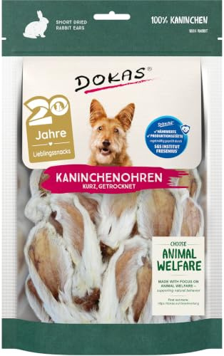 DOKAS Oreilles de Lapin avec Fourrure - Friandise Naturelle sans céréales pour Chiens en 100% Lapin - Court pour Petits Chiens - 1 x 100 g