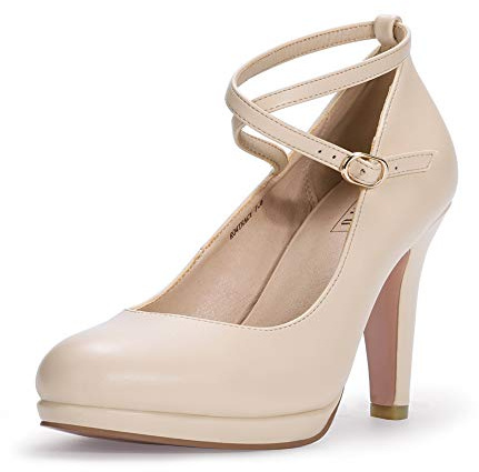 IDIFU Women's Tracy Platform High Heels Closed Toe Pumps Strappy Cross Ankle Strap Shoes for Casual Work Wedding (8.5 M US, Nude Pu)