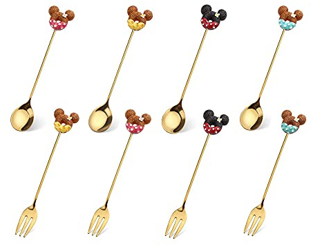 WanGi Cuillère et fourchette en acier inoxydable Mickey, 8 pièces, Couverts, Dessin Animé, 5.5 pouces