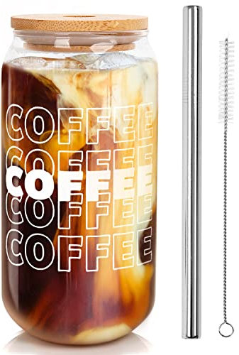 Iced Coffee Cup, Iced Coffee Cups with Lids and Straws, Valentine Gift for Her Women, Beer Can Glass with Lids and Straw, Can Shaped Glass Cups, 18OZ Glass Cups, Drinking Glasses, Smoothie Cup