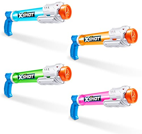 XSHOT Water Warfare Small Tube Soaker (4 Pack) by ZURU Super Soaking Pump Action, Pool Party Pack, Fills up to 380ml, Shoots up to 8 Meters, for Boys, Girls, Children