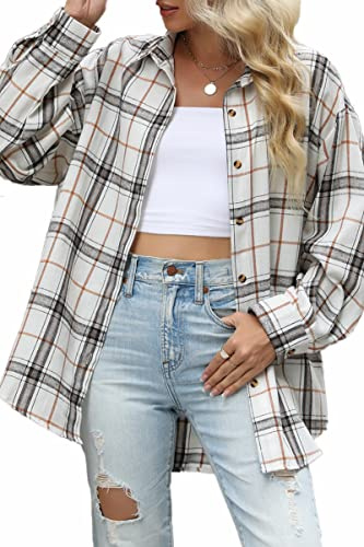 CHYRII Flanellhemden für Damen, mit Knopfleiste, langärmelig, kariert, Shackets, Business, Freizeit, Bluse, Oberteil, Mittel