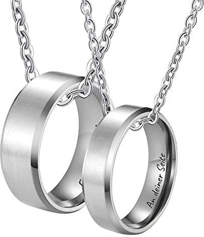Epinki Edelstahl Partner Kette Personalisiert mit Gravur EIN Leben lang an deiner Seite, 2 Stück Ringe Anhänger Gebürstet Partnerketten mit Wunschgravur, Silber, Breite 6/8MM