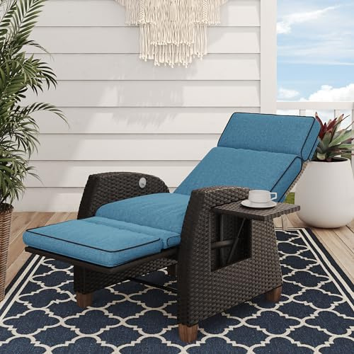 Grand patio Tumbona de relax con cojín de asiento, silla de jardín, respaldo ajustable, tumbona de ratán para interior, uso exterior – Cojín de asiento azul y ratán marrón