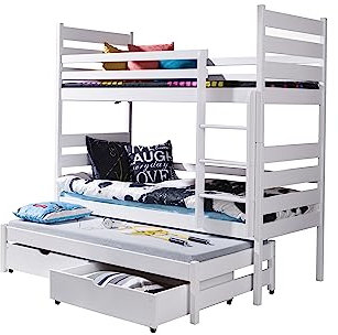 KEF Tobi Etagenbett Kinder 80x200 cm - Etagenbett 3 Personen - Holz Kinderbett - für DREI Kinder - mit Schubladen - Ausziehbares Drittes Bett - mit Matratze - Weiß