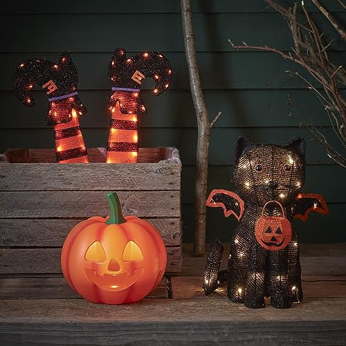 Lights4fun LED Halloween Deko Set - Hexenbeine, Katze, Kürbis - Außen Batteriebetrieb Gartendeko