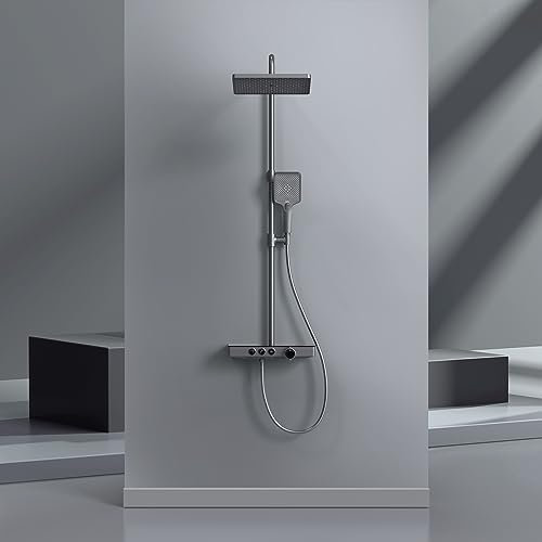EMKE Design Duschsystem mit Thermostat Duschsystem Regendusche, 45cm Thermostatische Platte Duschsäuleset,Handbrause 3 Strahlarten,Regendusche mit Armatur, Anthrazit Matt