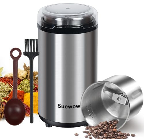 Suewow Electric Coffee Grinder - Powerful 200W Motor, Detachable Bean and Spice Grinder for Coffee Beans, Spices, Peanuts, Grains - Large Capacity Multipurpose Grinder(Silvery)