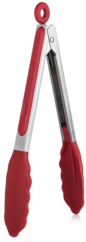 U-Taste Silikon Küchenzange, 250℃ hitzebeständiger, 23 cm, Rot | Kochzange mit fest versiegelten Antihaft-Gummispitzen & silikonbeschichtetem Stahlgriff & glatter Verriegelung zum Servieren