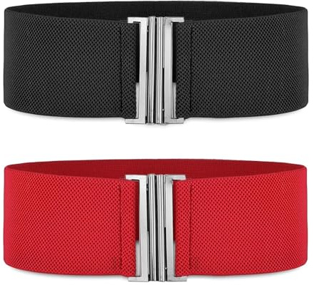 VIDSTW 2 Stück Gürtel Damen, Retro-Klassiker Taillengürtel Damen, Stretchgürtel Bequem und Atmungsaktiv Belt Women für Kleider Röcke Hemden Overalls Abendkleider (Schwarz+Rot)
