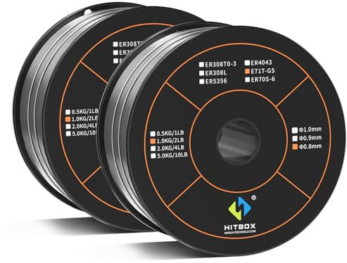 HITBOX Fülldraht ohne Gas E71T-GS 0,8mm 1kg MIG/MAG Universal-Schweißdraht D100 Drahtrolle für Stahl- & Metallschweißung, 2 Stück