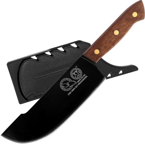 XYJ Coltello da taglio da 8 pollici con fodero, coltello da cucina forgiato a mano, lama in acciaio inossidabile, completo tang, coltello da taglia carne per tagliare carne, coltello da chef