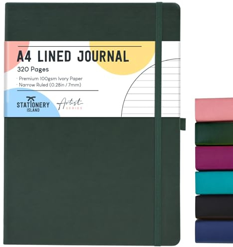 STATIONERY ISLAND A4 linjerad anteckningsbok, 320 sidor tjock journal anteckningsbok, linjerad journal inbunden med 100 gsm för att skriva, arbeta, studera, dagbok, gran