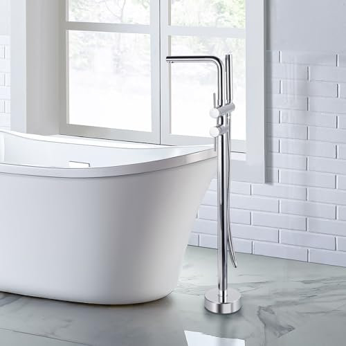 ARCORA Grifo de bañera independiente: grifo de bañera de cobre y acero inoxidable giratorio 360°, montaje en suelo con ducha de mano (cromo)