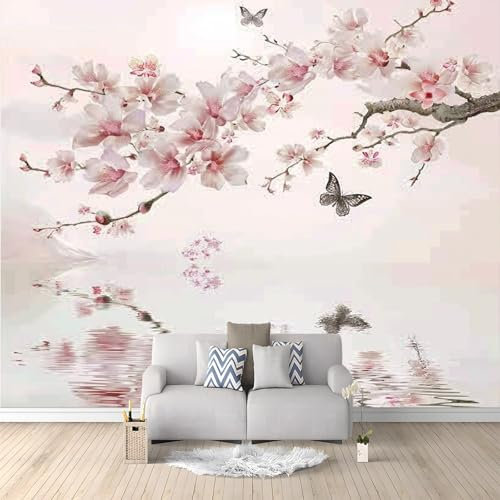 Semplice Fiore Di Pesco E Farfalla Poster Giganti da Parete Bianco Fotomurale Carta da Parati TNT Murale alla Moda Decorazione da Muro, Fotografica Murale per Camera Letto Sala 200x140 cm