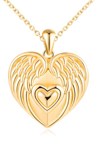 VIKILEE Herz Foto Kette Silber 925 mit Bild: Halskette Damen Engelsflügel Medaillon zum Öffnen für Bilder-Mode Anhänger Ketten Amulett Schmuck-Personalisierte Geschenk für Frauen Mama Freundin Mädchen