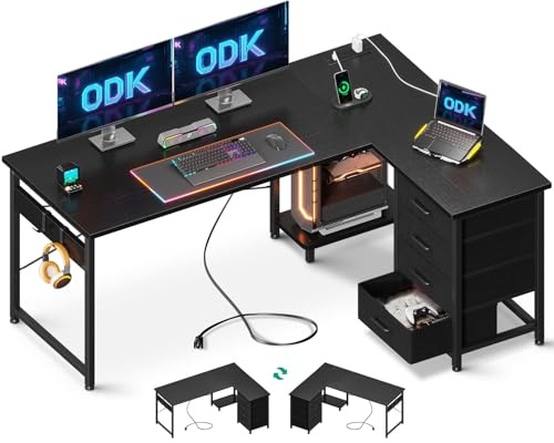 ODK Corner Desk with Drawers, L Shaped Computer Desk, 135 x 100 cm, Black