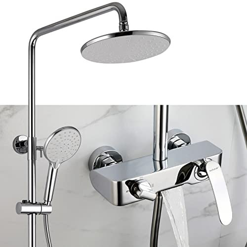 TATITZRO Système de Douche avec pommeau de Douche Rond, Douche à Main à 3 Modes, Bec de Baignoire en Cascade, Ensemble de Douche avec Colonne de Douche, mitigeur, Barre coulissante réglable