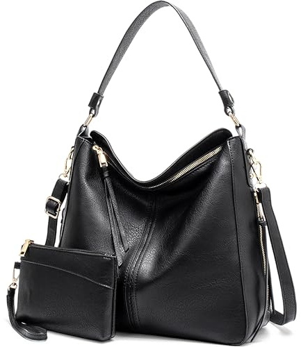 Mabecol Shopper väska dam stor, elegant axelväska, handväska damer av PU-läder med dragkedja, shoppingväska med liten ficka, axelväska, svart, 31x29x13 cm / 18,5x11,5x1,5 cm