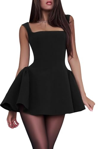 AOWVUTS Women's Sexy Mini Dress Black S Size Square Neck High Waist Backless Bodycon Sleeveless Tank Dress Casual to Formal