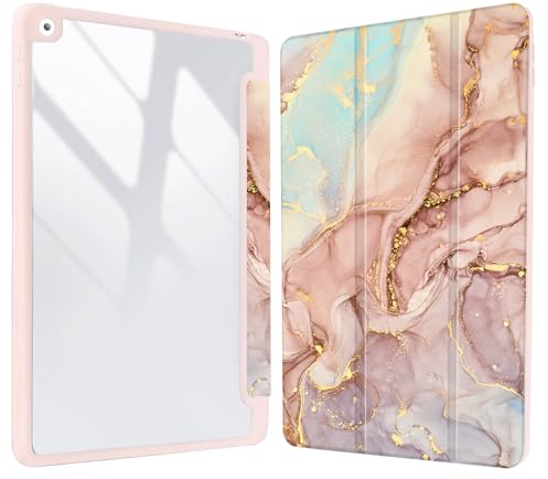 Vozehui 10.2 Zoll Marmor Case für iPad 9th/8th/7th Generation Case mit Clear Back Shell mit Bleistifthalter, Dreifaltiger Stand Schutzhülle mit Auto Sleep Wake für 10.2 Zoll 2021/2020/2019