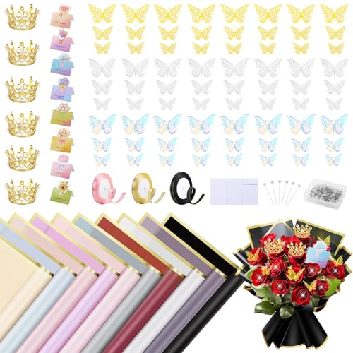 Juego de papel de regalo de flores impermeable de 30 hojas con ramos de 10 colores, 72 mariposas de 3 colores, 100 pines de diamante, 32 tarjetas de felicitación, 6 mini coronas y 3 cintas, kit de