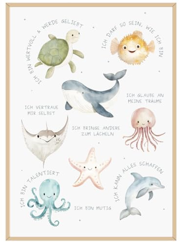 Affirmationsposter für Kinder DIN A3 | Poster positive Glaubensansätze Kinderzimmer | Poster mit Affirmation als Geschenk zur Geburt, Taufe, Kindergeburtstag (Meerestiere & Ozean, DIN A3, Ungerahmt)