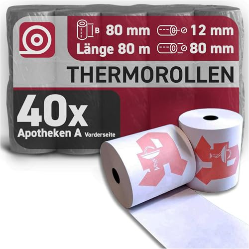Gebongt24 Thermorollen 80 mm x 80 m x 12 mm 55g/m² mit Apotheken-A-Druck (Vorderseite) – hochwertige Bonrollen aus BPA-freiem Thermopapier – 40 Kassenrollen mit ⌀ 80 mm