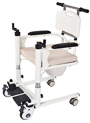 Silla de traslado de pacientes con ruedas elevadora para el hogar, inodoro portátil de cabecera con respaldo y orinal, con asiento abatible a 180°