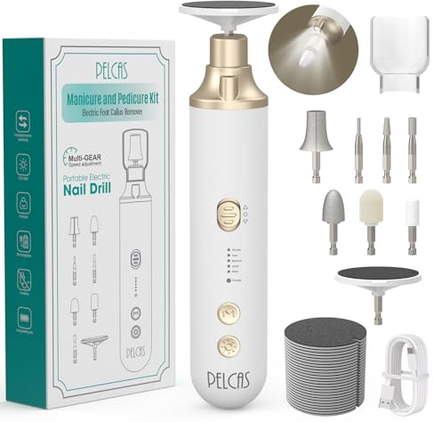 PELCAS 8 in 1 Cordless Nail Drill, Electric Nail Filer 5 Speeds Manicure & Pedicure Kit with LED Light, Electric Foot Callus Remover for Foot Callus, Toenail, Thick Nails, Finger Nails Golden