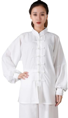 Women Cotton Linen Tai Chi Uniforms, Kung Fu Clothing Morning Exercise Uniform White-M