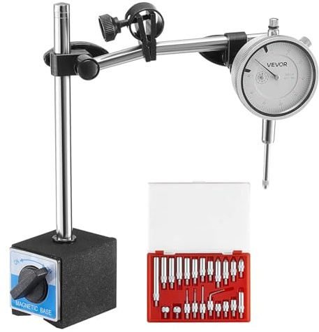 VEVOR Dial Test Indicator with Dual Rod Stand and Storage Case, 0.001 inch Accuracy, 0-1 inch Range, Fine Adjustable Long Arm, Non-Magnetic Centering Rods for Machine Set-Up, Narrow Area Measurement
