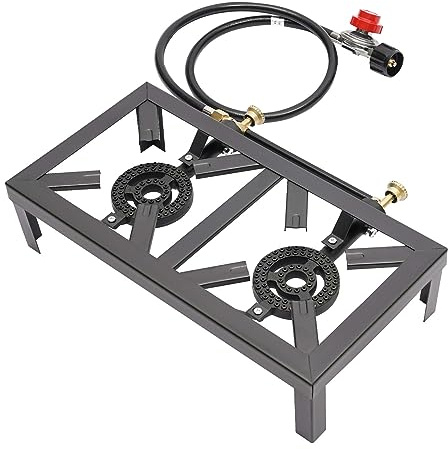 Owneed Fornello a gas a 2 fuochi con ghisa, ad alte prestazioni, 8000 W, doppio bruciatore autoportante con tubo da 1,2 m, versatile fornello per esterni, per campeggio, balcone e giardino