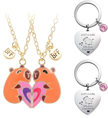 xwnyzw 4 PCS Capybara Keyring and Capybara Friendship Necklace for 2, BFF Necklace for 2 Girls Best Friends Necklaces Capybaras Keychain, Capybaras Gifts for Girls Women